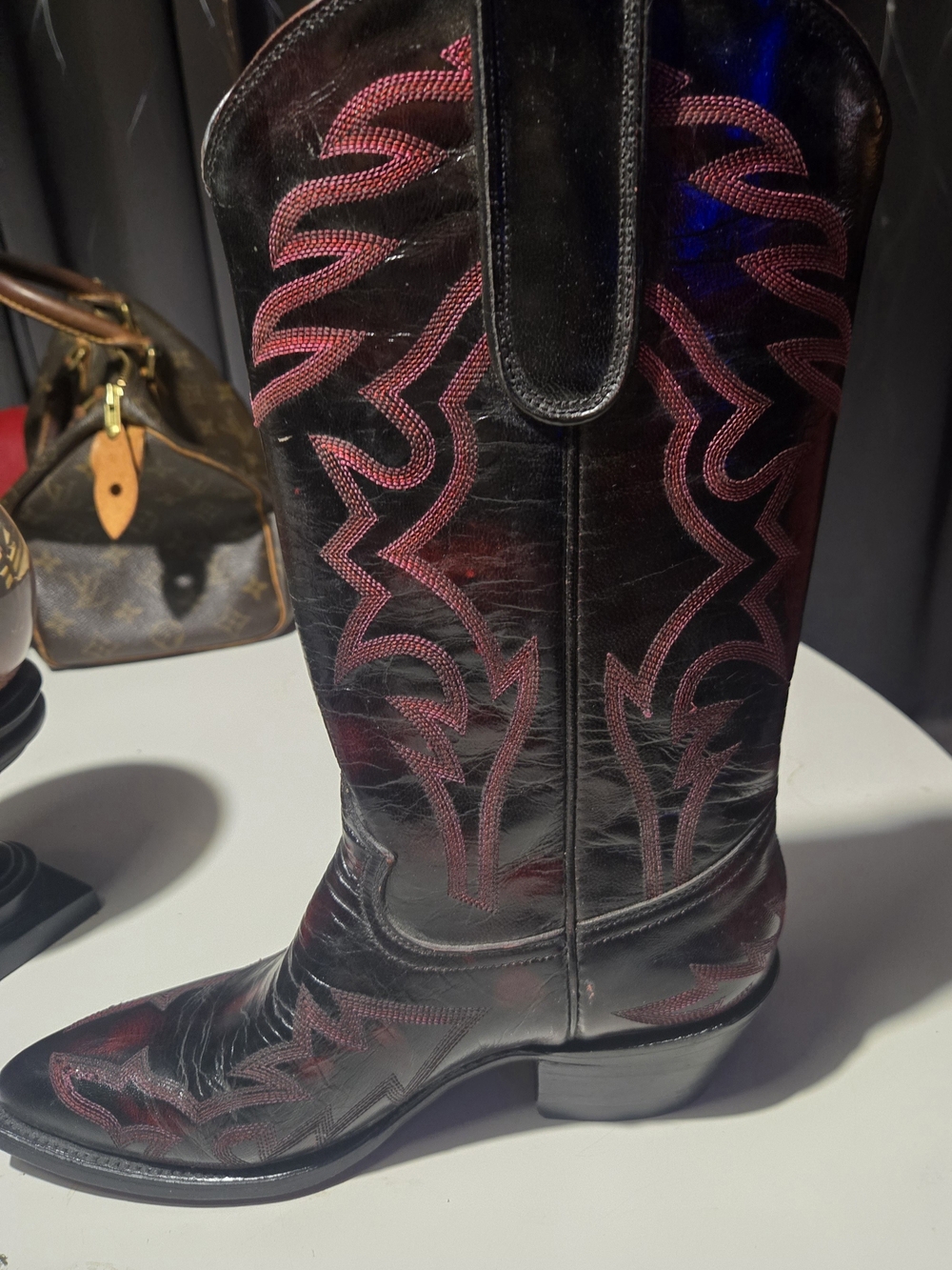 Montana Vintage Black Cherry Cowboy Boots. Flame Stiching. Size 6